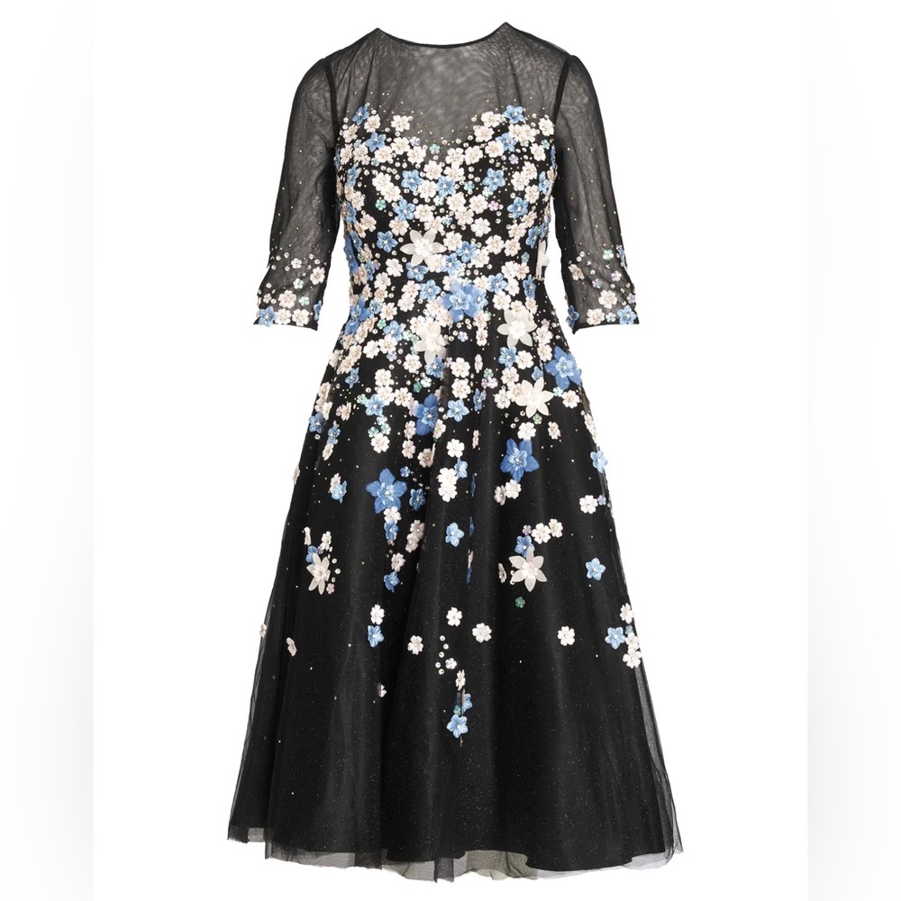 NWT Mac Duggal 11161 Floral Embroidered A Line Tea Length Dress - Picture 2 of 7